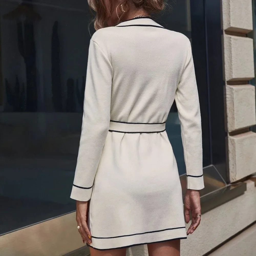 Beige Preppy Womens Contrast Piping Belted Sweater Dress - Picture 2 of 5